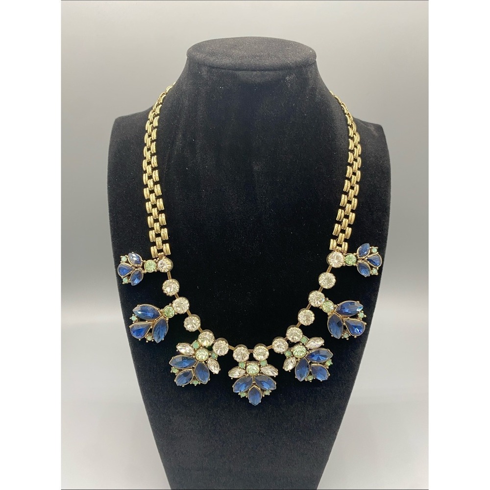 Gold Tone Blue Green Crystal Floral Statement Necklace Evening Jewelry